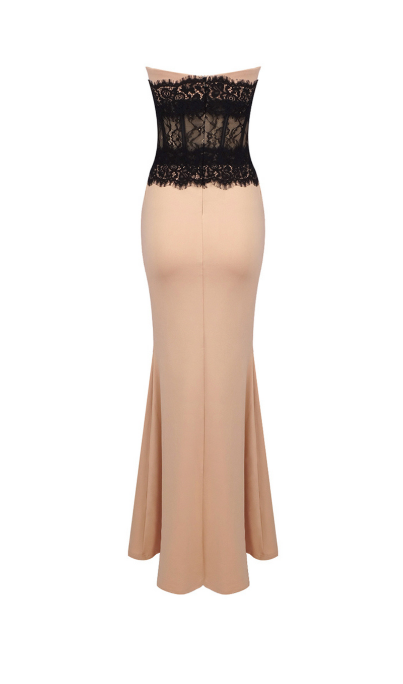 ADELE CREPE LACE CORSET MAXI DRESS IN BEIGE