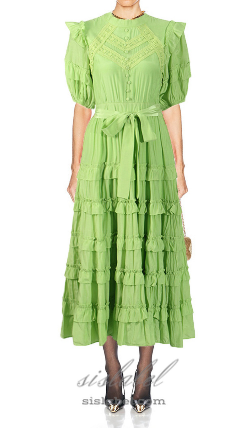 Lace ruffle trim layer midi dress in green