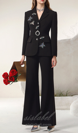 OCTAVIA BUTTERFLY EMBELLISH BLACK JACKET PANTS SUIT