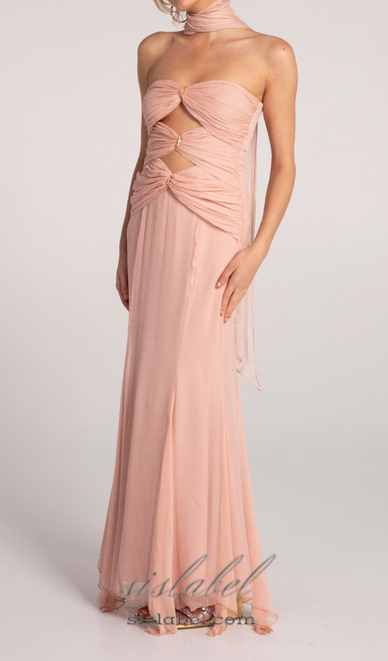 ALYSSA PINK HOLLOW BANDAGE STRAPLESS TULLE MAXI DRESS