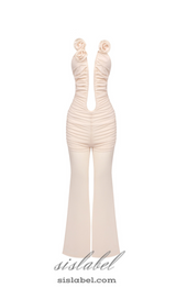 XANTHE APRICOT 3D FLOWER RUCHED MESH JUMPSUIT