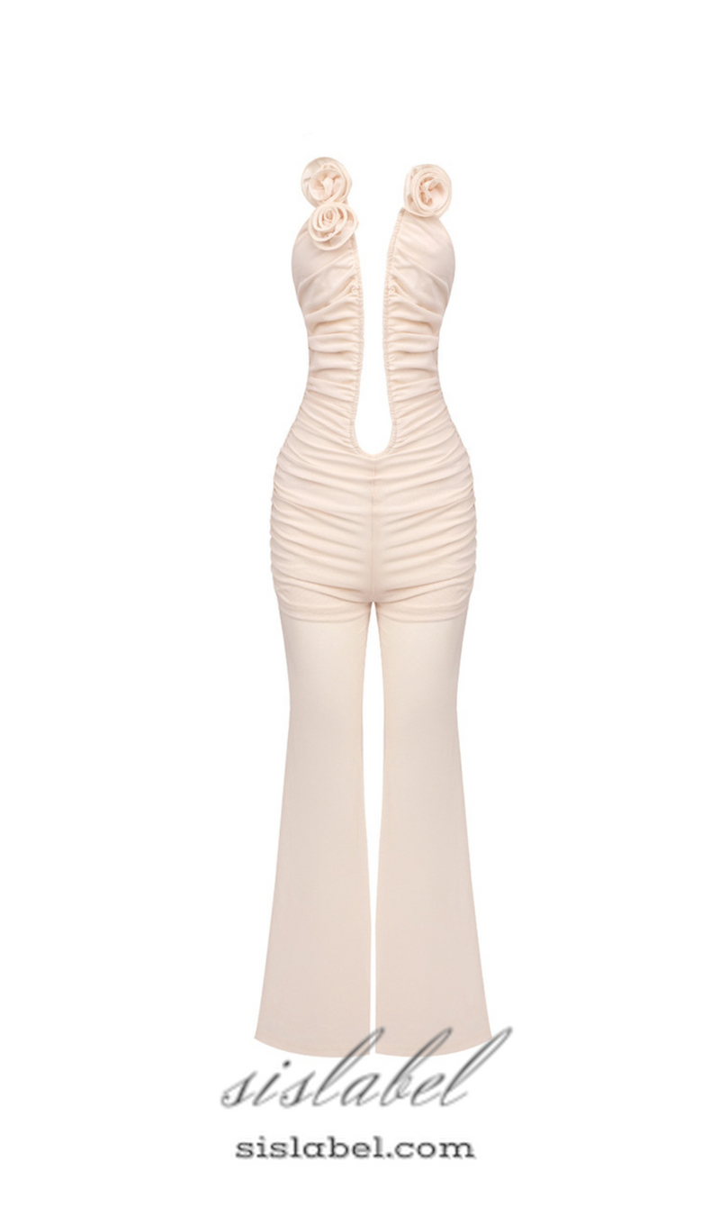 XANTHE APRICOT 3D FLOWER RUCHED MESH JUMPSUIT