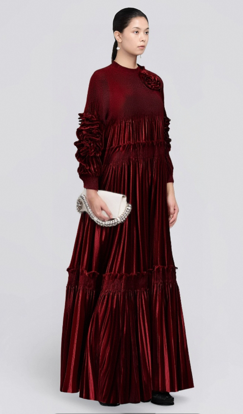 Donna red floral-appliqué pleated velvet midi dress