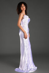 WHITE ALANIDES BEAD APPLIQUE SATIN DRESS