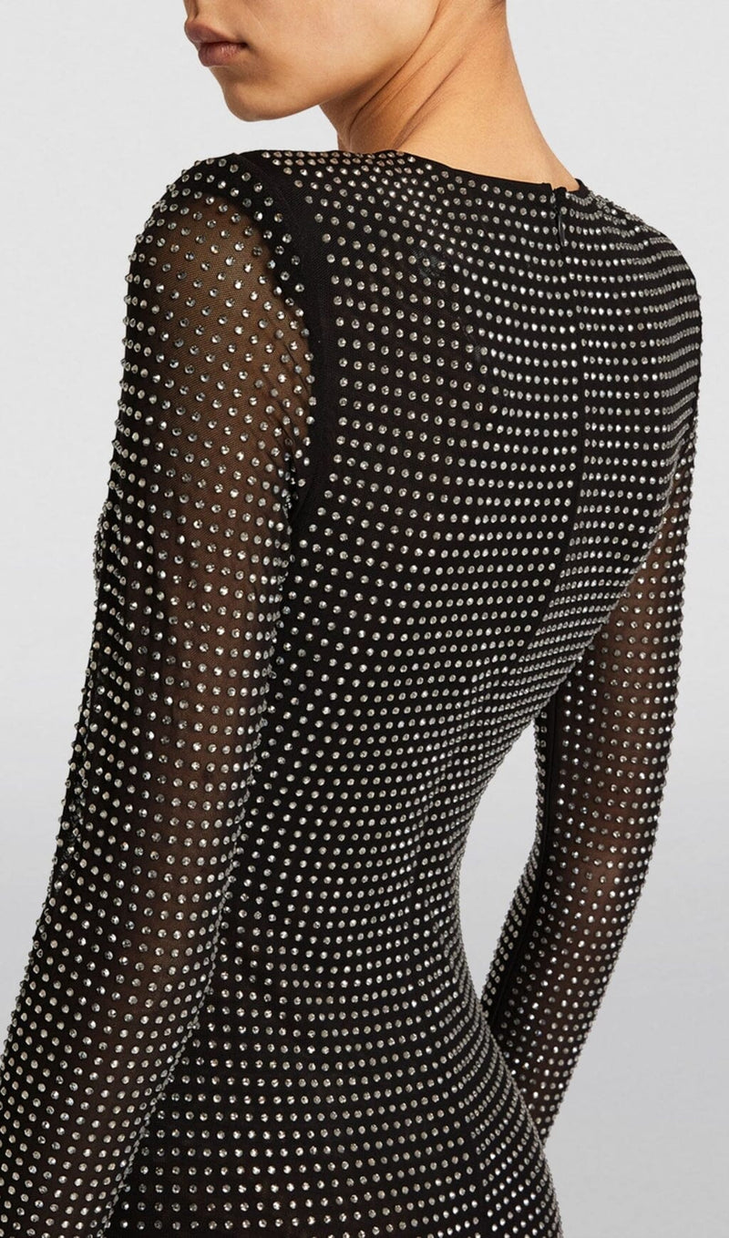 ENBELLISHED MESH MIDI DRESS IN BLACK