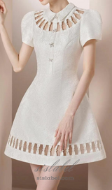 EARTHA WHITE PUFFY HOLLOW BROCADE MINI DRESS