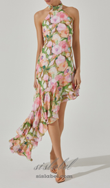 SABINA PINK GREEN ASYMMETRIC FLORAL HALTER MIDI DRESS