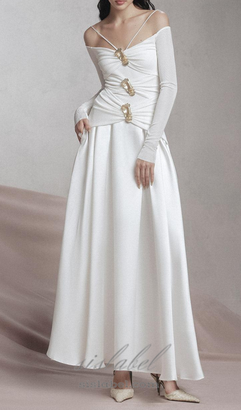 white A-line Cold Shoulder Sleeved Spandex Taffeta Maxi Dress