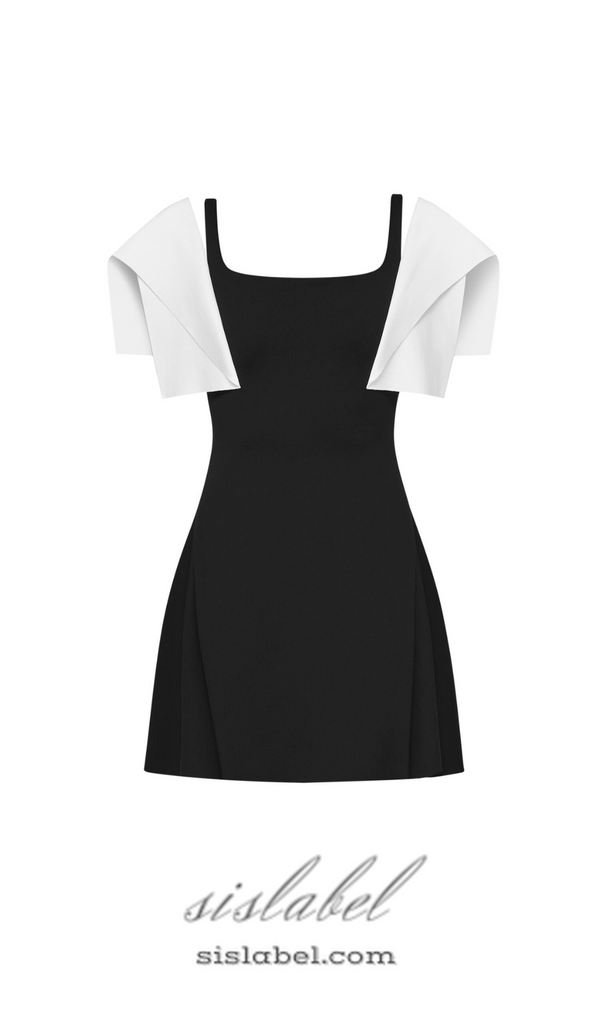 BARBARA BLACK SQUARE NECK MINI DRESS WITH WHITE SHOULDER