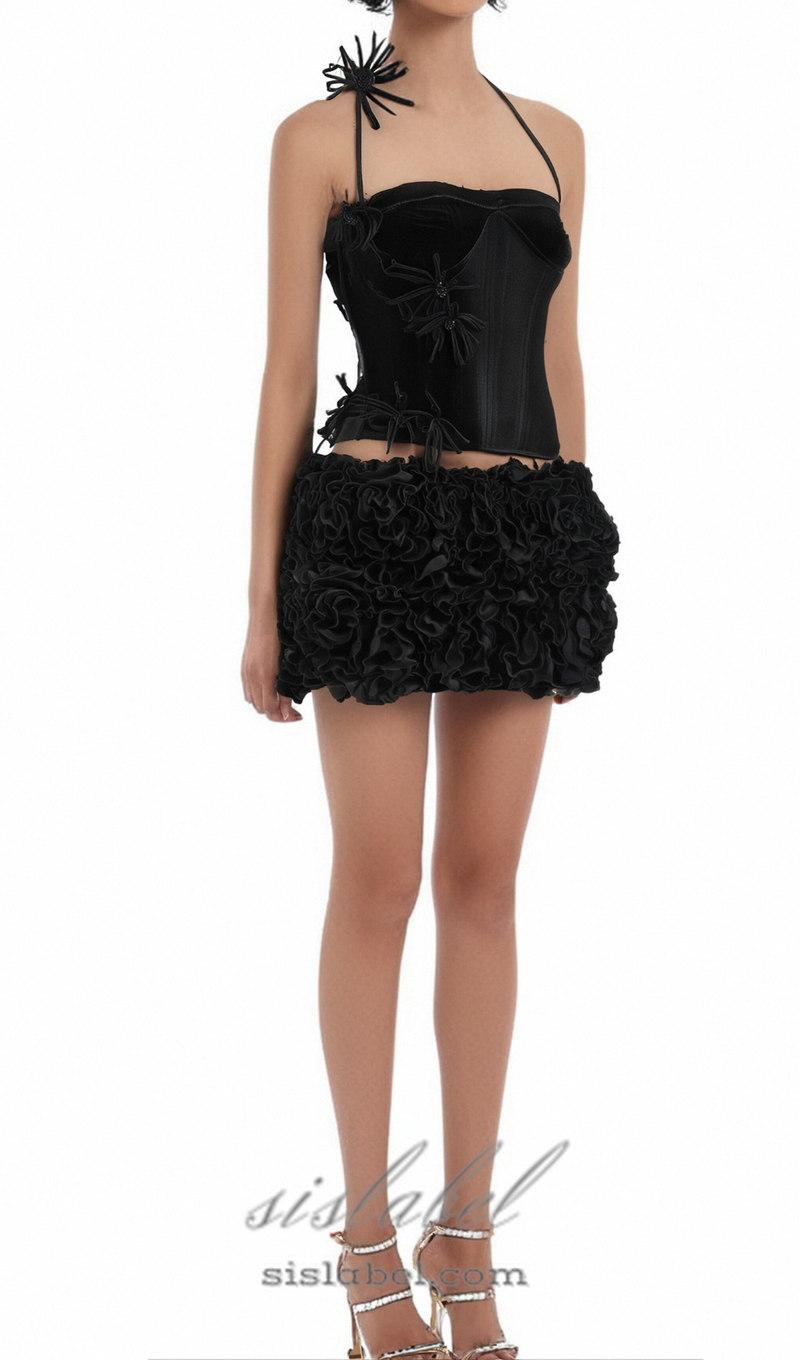 velvet corset floral mini skirt suit in black