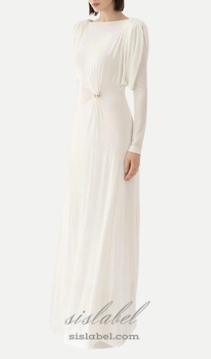 white straight boat neck knitted fabric maxi dress