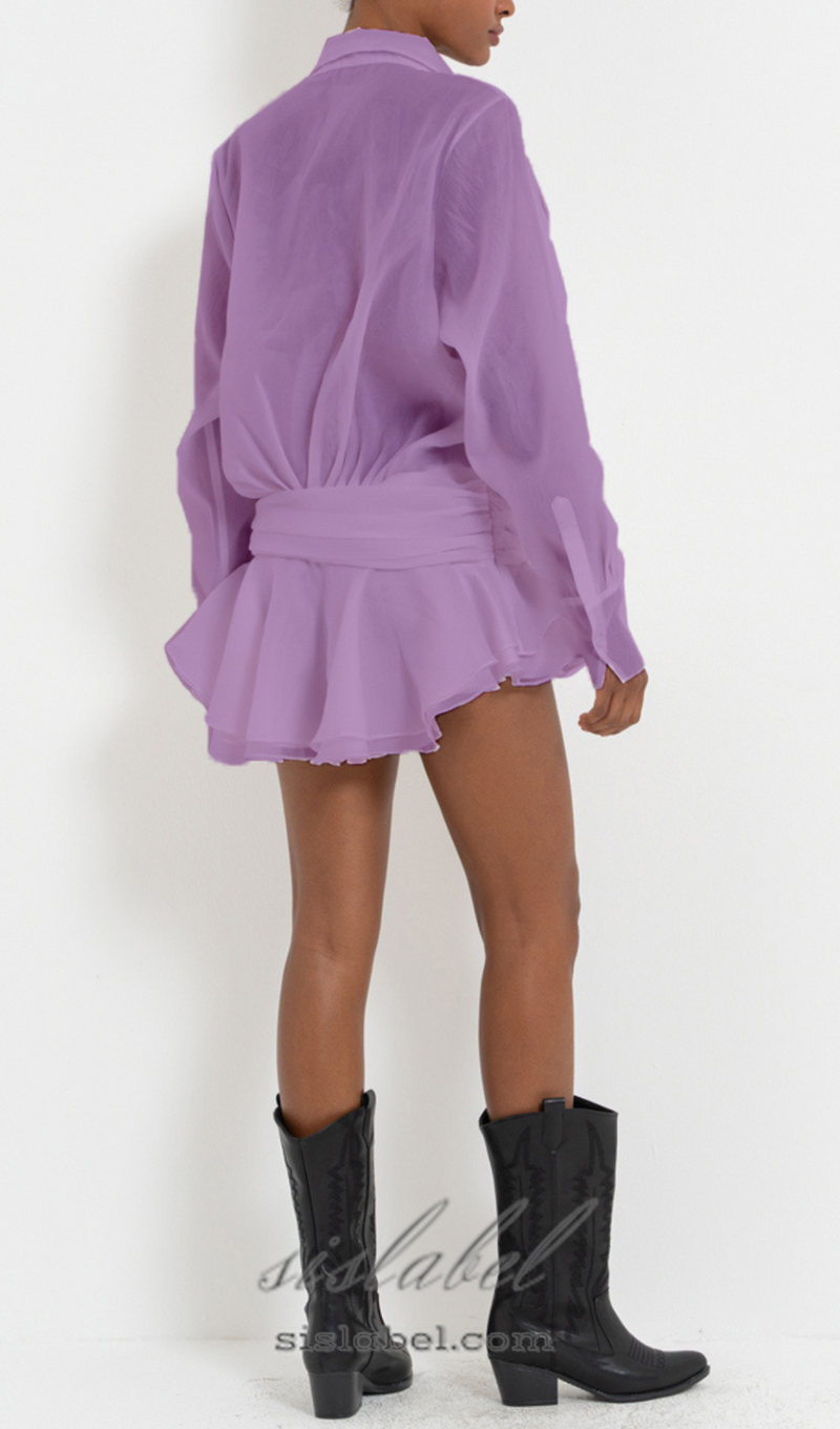 EMBER RUCHED RUFFLE MINI DRESS IN PURPLE