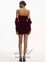 Flower-embellished Velvet Mini Dress in burgundy