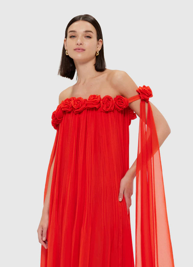 draped floor length dress in scarlet