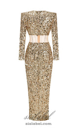 sequin long sleeve maxi dress in gold