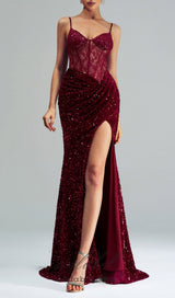 lace corset sequin maxi dress in red