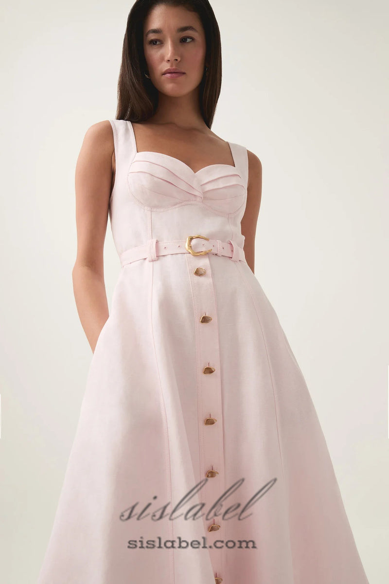 sweetheart neckline belted midi dress in pink