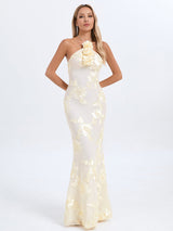 GABRIELLE EMBOIDERED FLORAL HALTER MAXI DRESS IN PALE YELLOW