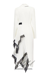 Asymmetric pleated ruffle trim blazer dress in white