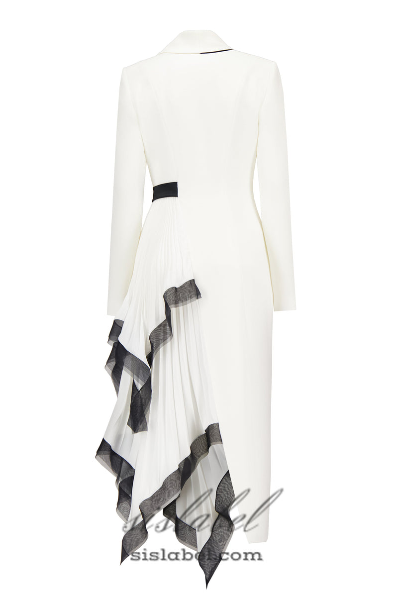 Asymmetric pleated ruffle trim blazer dress in white