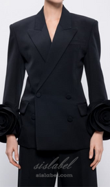 BELLA BLACK DOUBLE-BREASTED WOOL JACKET WITH FLORAL APPLIQUÉ