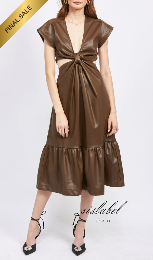 FAUX LEATHER CUT OUT MIDI DRESS IN DARK BROWN