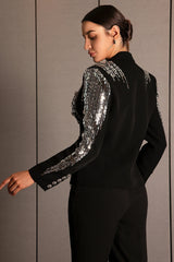 Faidra Rhinestone Double Breasted Lapel Blazer in black