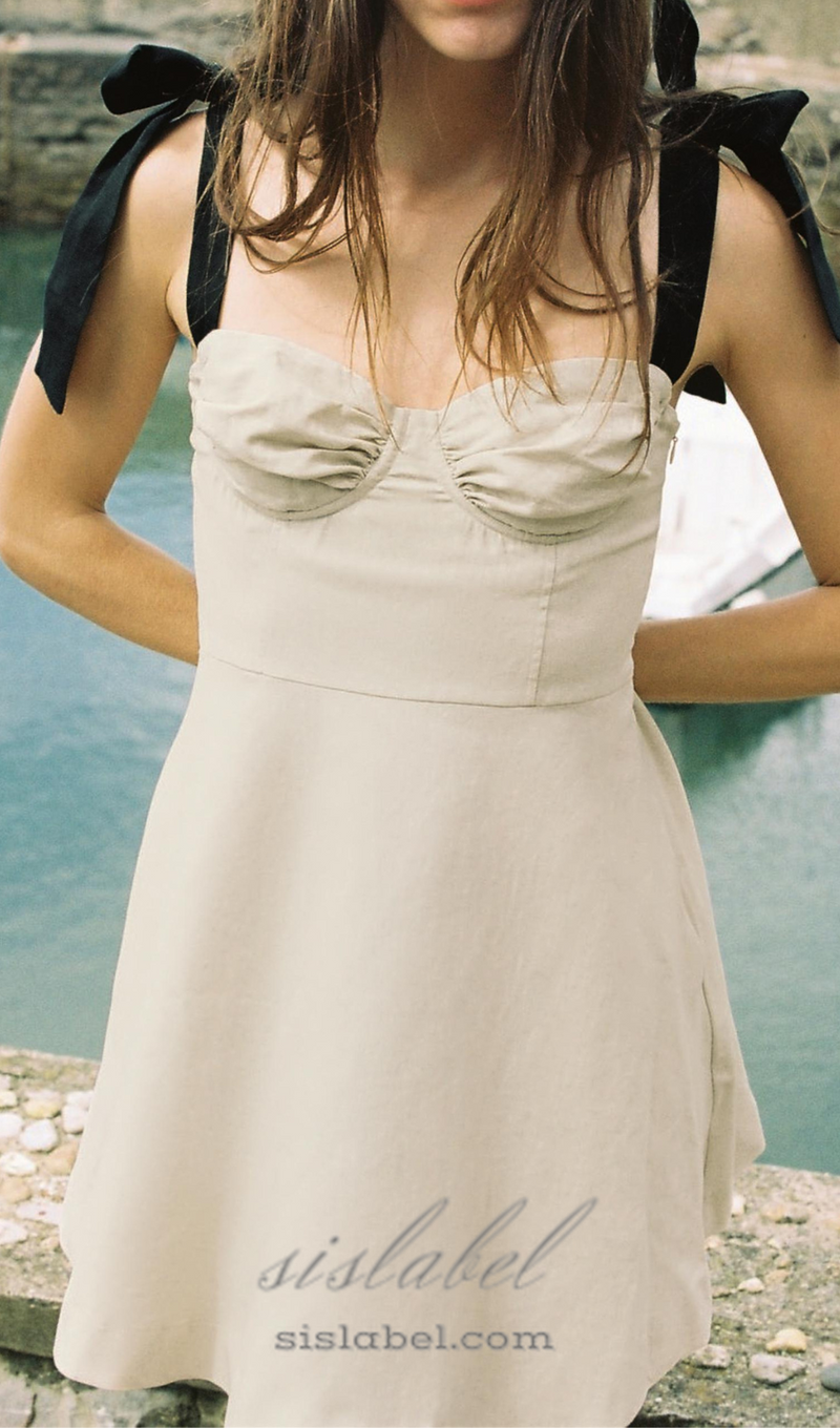 linen blend mini dress with contrast bows