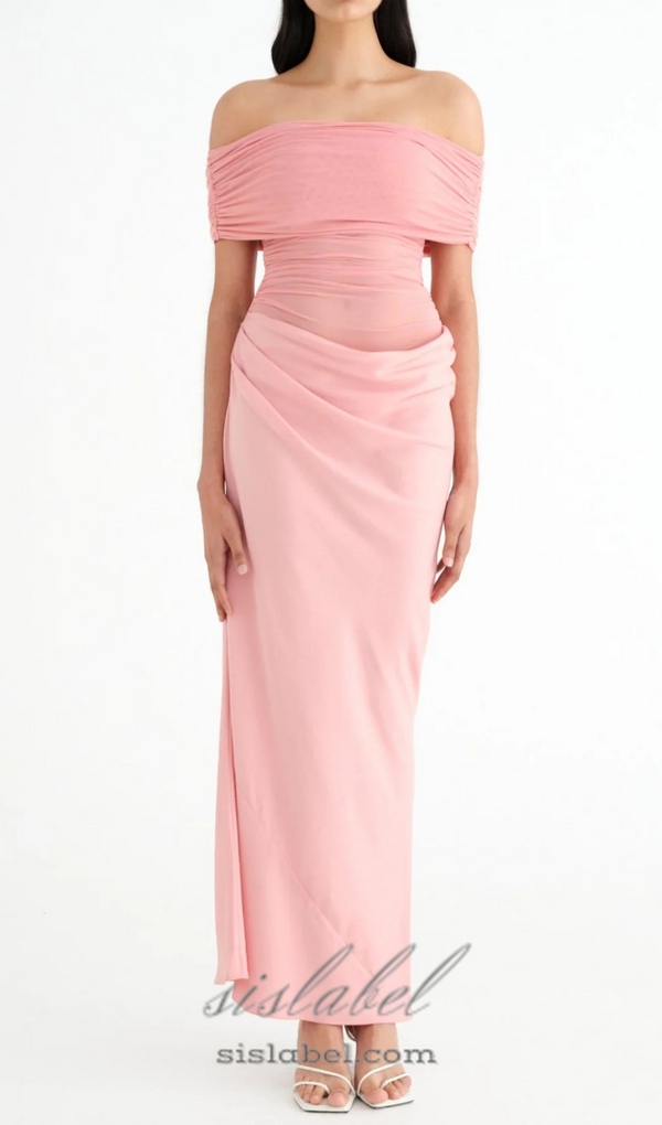 Reanko Off Shoulder Ruched Mesh Maxi Dress in Pink