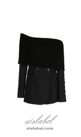 GWENDOLYN BLACK OFF-SHOULDER BUTTON SOLID MINI DRESS