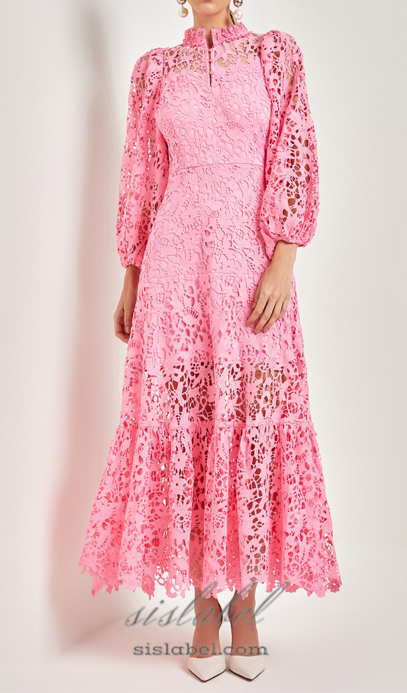 TARA PINK LACE EMBROIDERED LONG SLEEVE MIDI DRESS