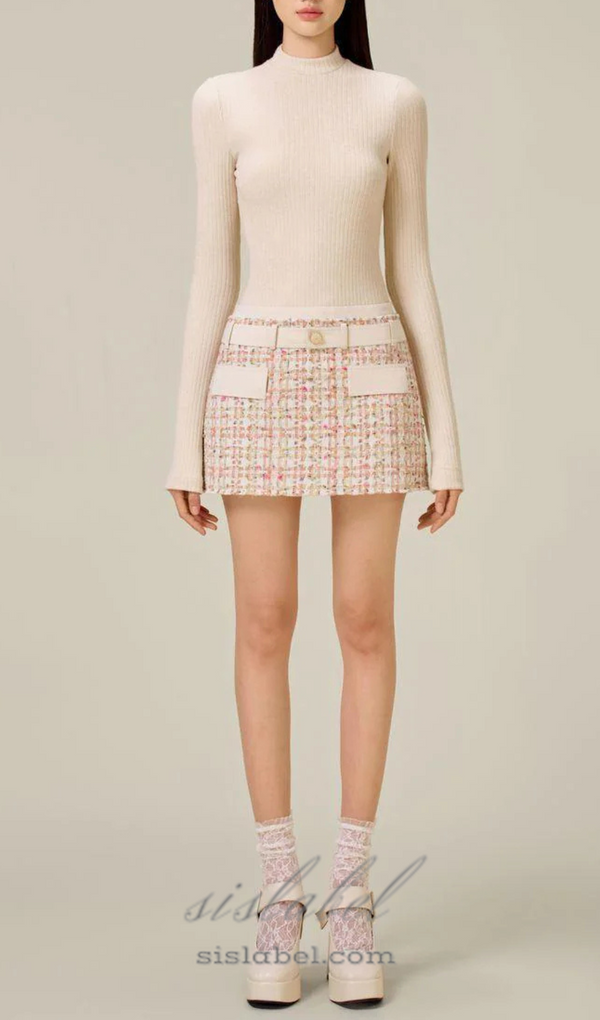 Carlin patchwork Tweed mini skirt in pink