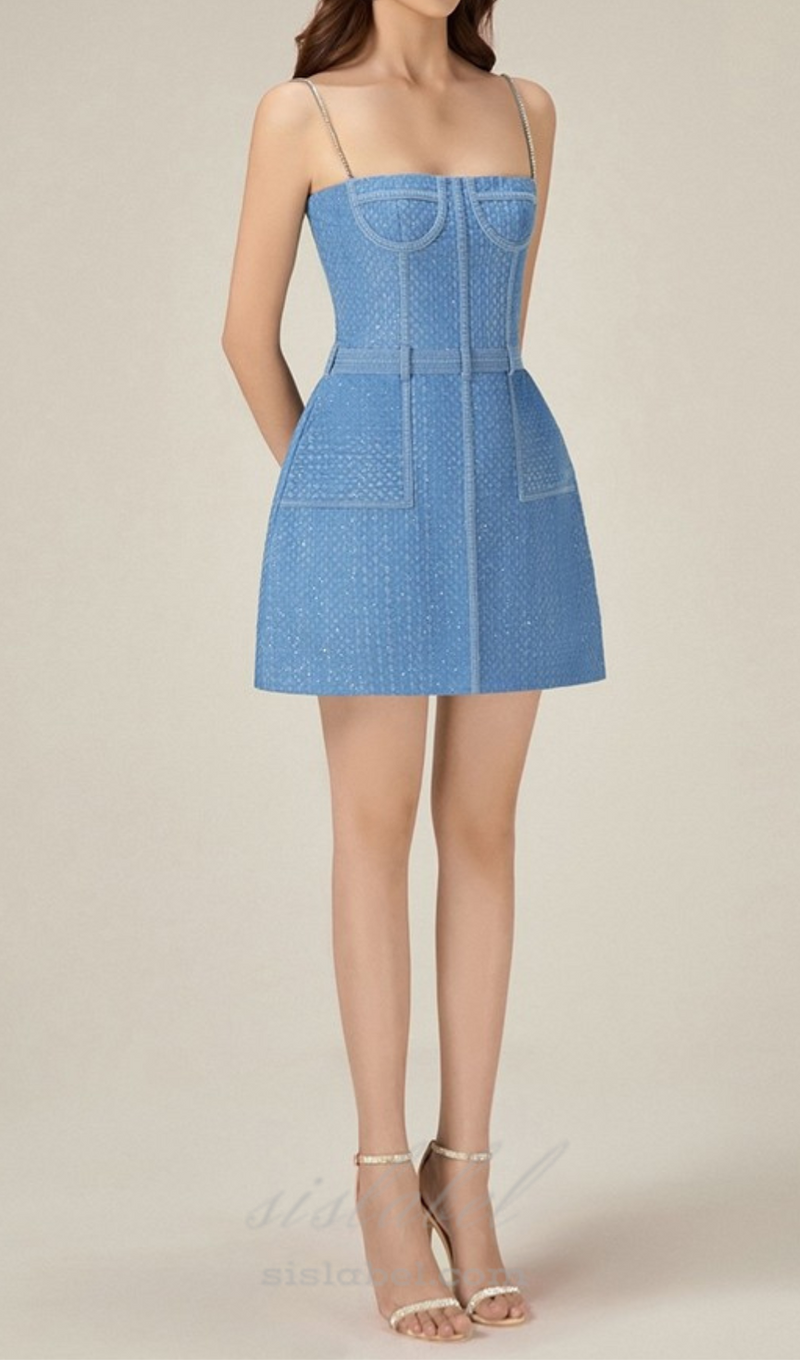 ANDREA DENIM RHINESTONE SUSPENDER MINI DRESS IN BLUE