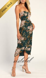 Effortless Charm Hunter Green Floral Strapless Tulip Midi Dress