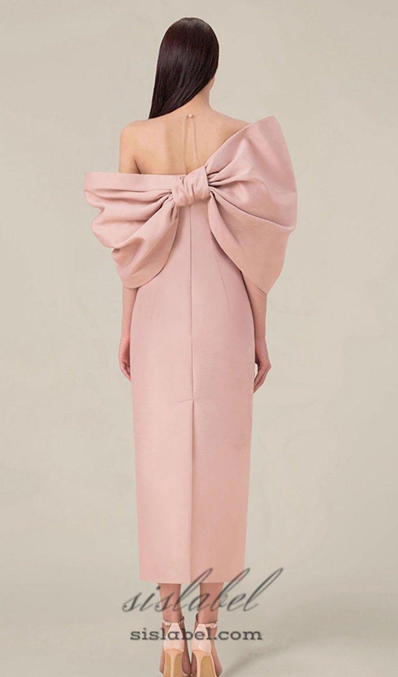 OFF SHOULDER RUCHED MIDI DRESS IN PINK