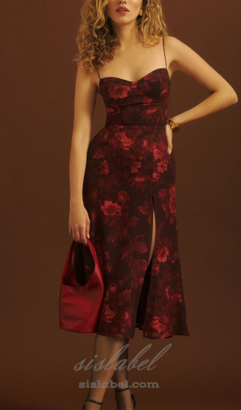 floral print slit midi dress in Burgundy