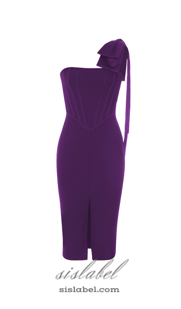 CALISTA PURPLE ONE BOW SHOULDER SPLIT BANDAGE MIDI DRESS