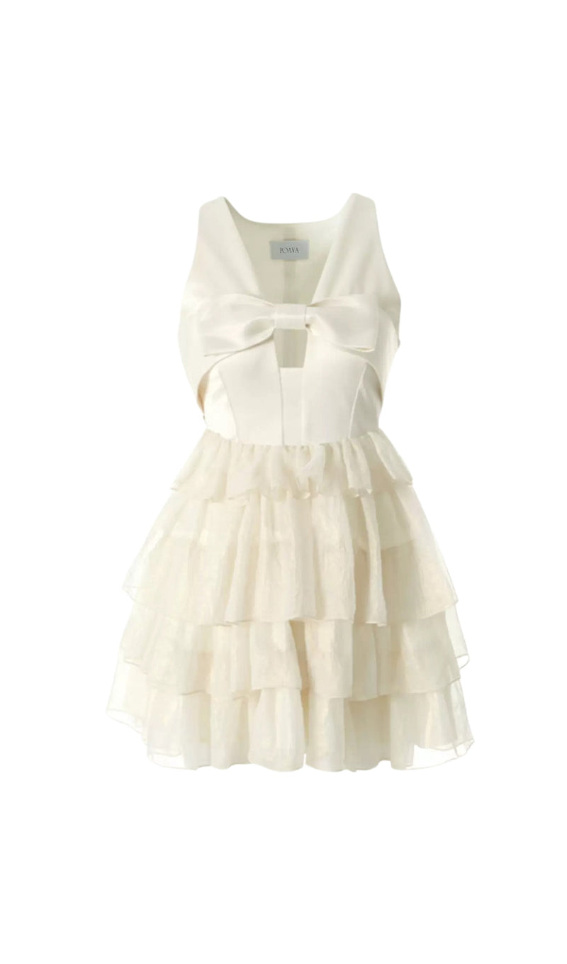 Beige Bow Tiered Mini Dress