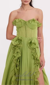 ZONA FRILL SWEETHEART NECK SLEEVELESS MAXI DRESS IN GREEN