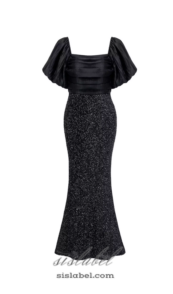 MARIA BLACK BOW SEQUINS EMBELLISHED MAXI DRESS