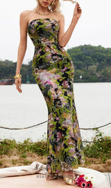 STRAPLESS FLORAL SEQUIN MAXI DRESS