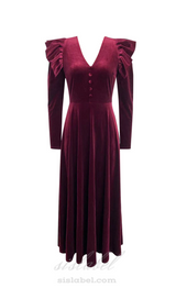 IRMA BURGUNDY V-NECK RUFFLE TRIM EMBELLISHED VELVET MAXI DRESS