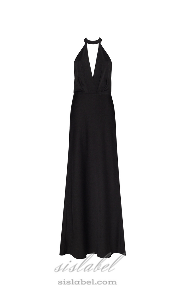 RACHEL BLACK HALTERNECK SATIN BACK CUTOUT MAXI DRESS