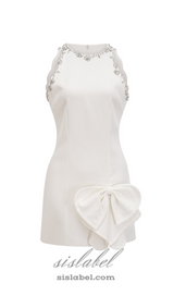 CRYSTAL BOW-DETAIL MINI DRESS IN WHITE