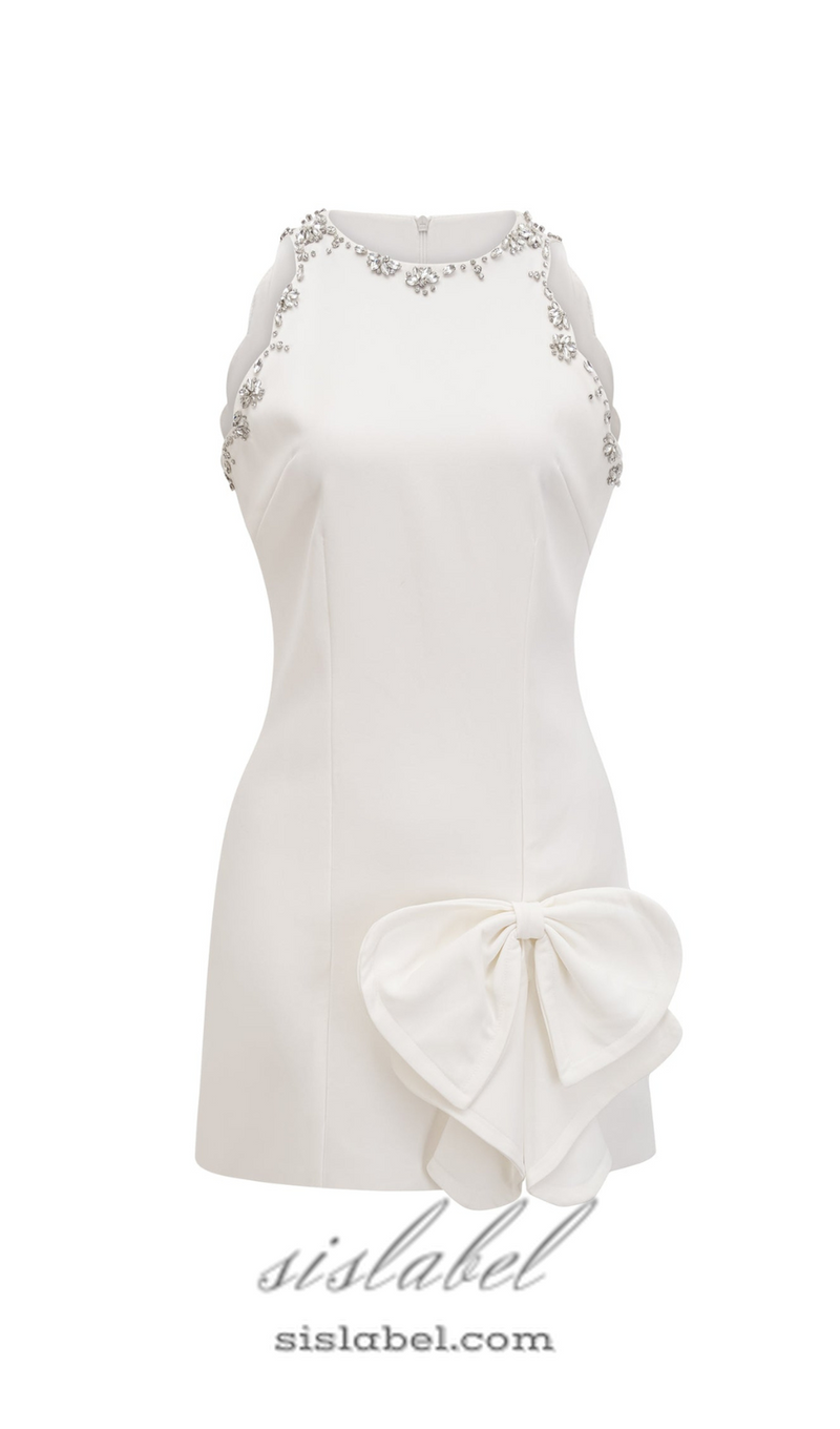 CRYSTAL BOW-DETAIL MINI DRESS IN WHITE