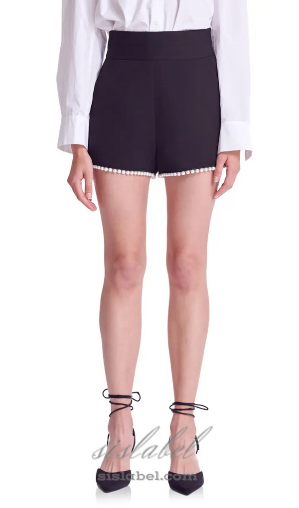 Imitation Pearl Trim High Waist Shorts in black