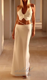 silk crop top maxi skirts 2 pieces sets in white