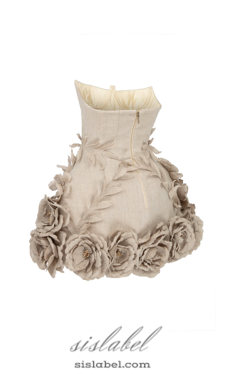 SALOME BEIGE LINEN CORSET FLOWER DETAILS MINI DRESS