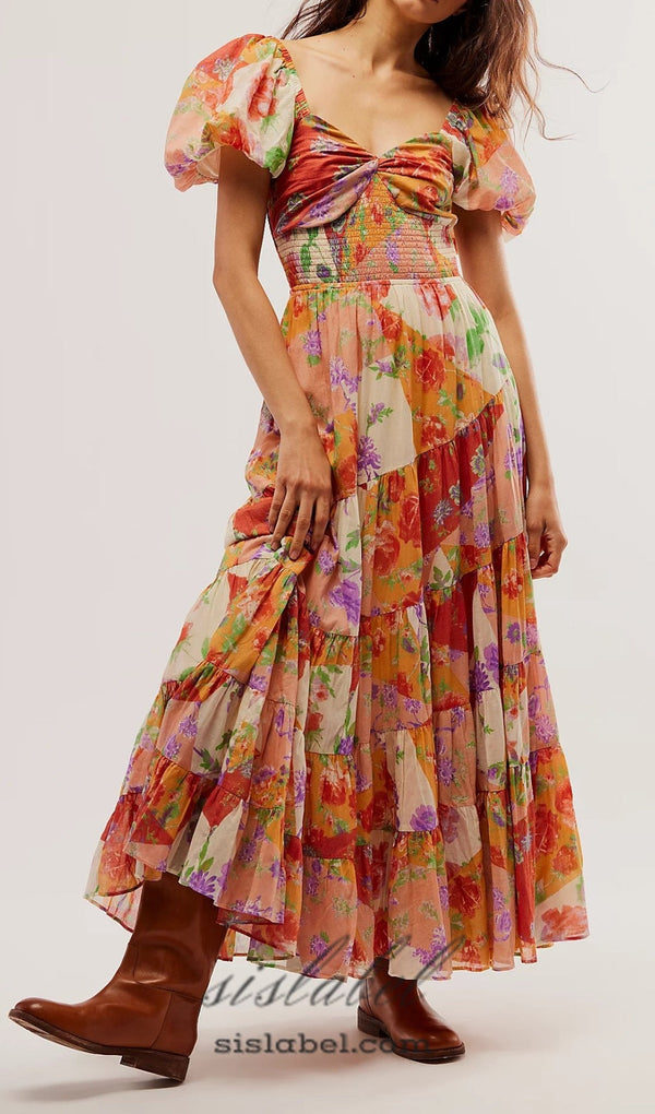 PUFF SLEEVE FLORAL PRINTED MAXI DRESS