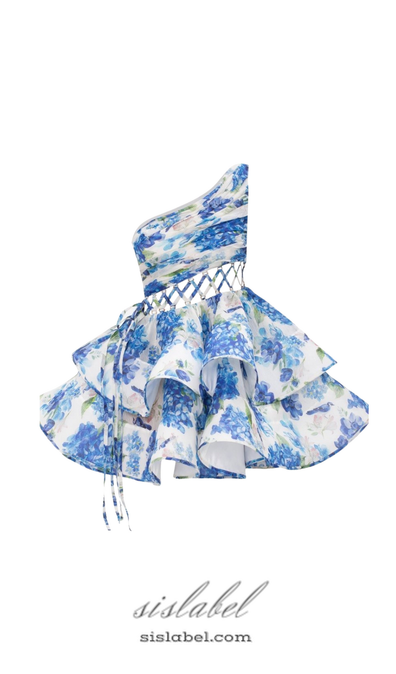 GAIL BLUE FLORAL PRINTED ONE-SHOULDER MINI CHIFFON DRESS